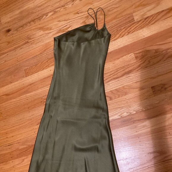 Rich Olive Green Asymmetrical One-Shoulder Slip Long Dress - Size XS - Picture 3 of 5